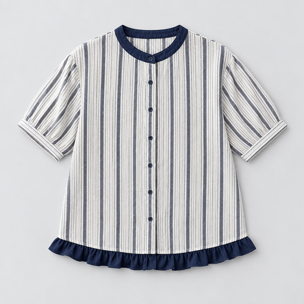 Women's Ruffle Hem Casual Striped Short Sleeve Blouse