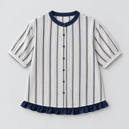 Women's Ruffle Hem Casual Striped Short Sleeve Blouse