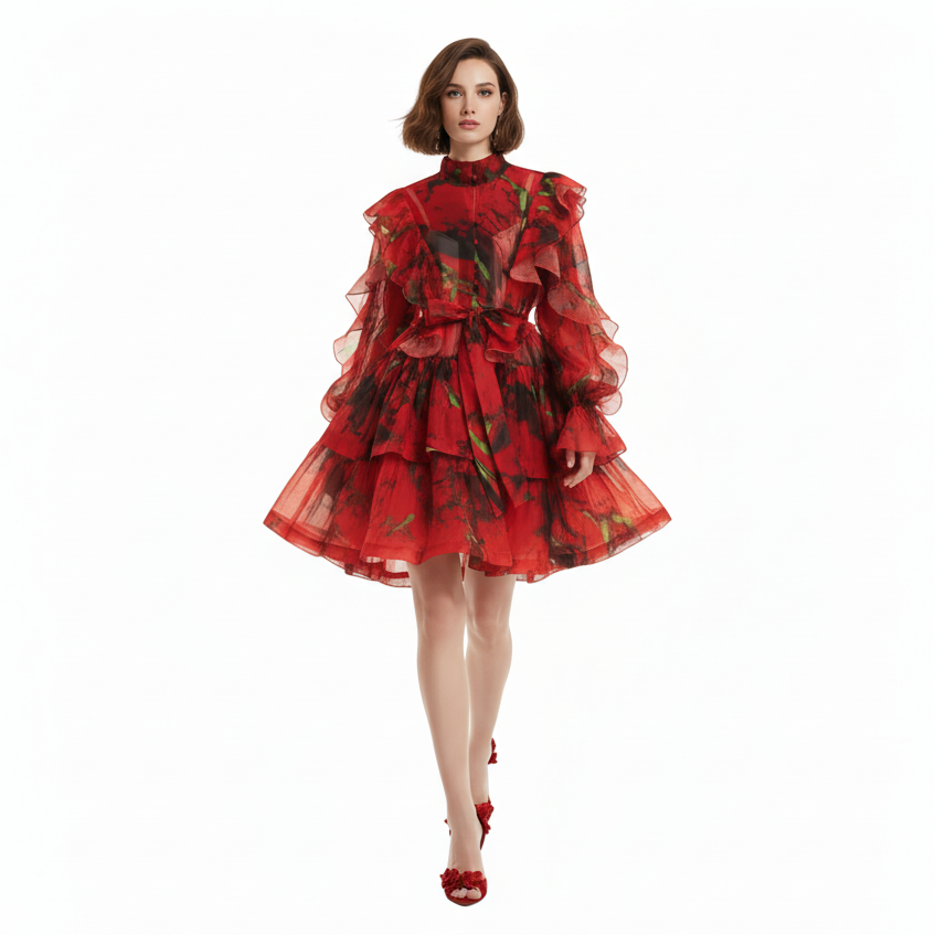 Roseate Long Sleeve Volume Mini Dress