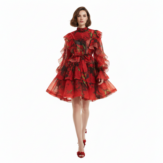 Roseate Long Sleeve Volume Mini Dress