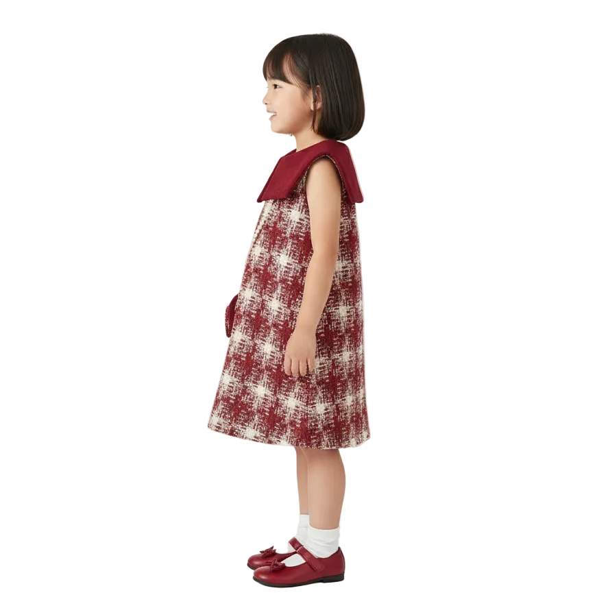 Girl's Crimson Plaid Princess Dress with Bag