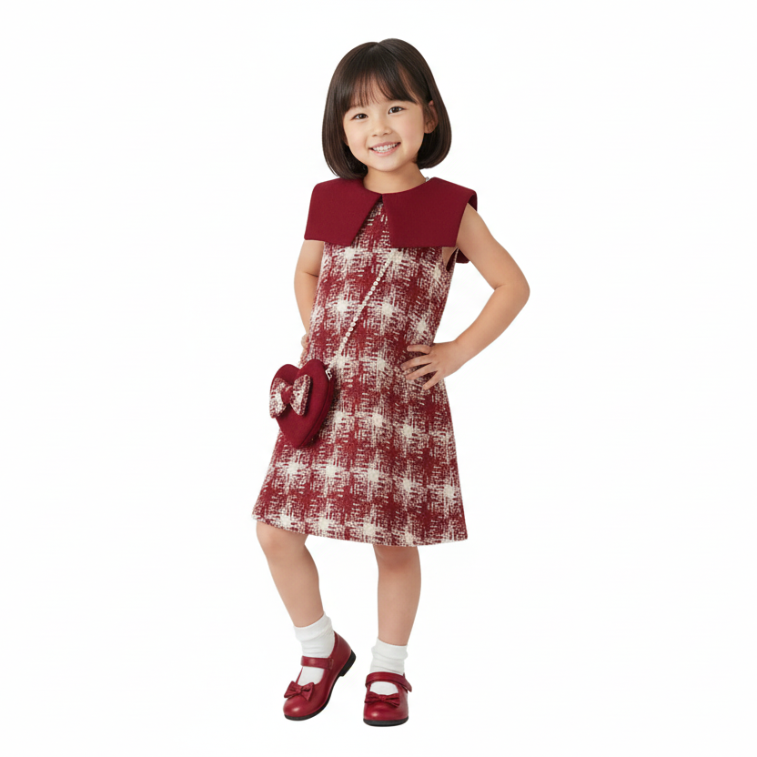 Girl's Crimson Plaid Princess Dress with Bag