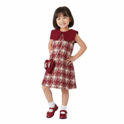 Girl's Crimson Plaid Princess Dress with Bag