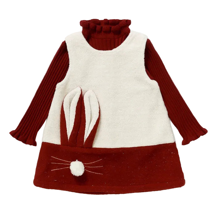 Girls Red Ribbed Turtleneck & Bunny Fleece Dress 2-Piece Outfit Set