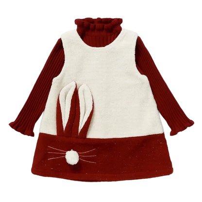 Girls Red Ribbed Turtleneck & Bunny Fleece Dress 2-Piece Outfit Set