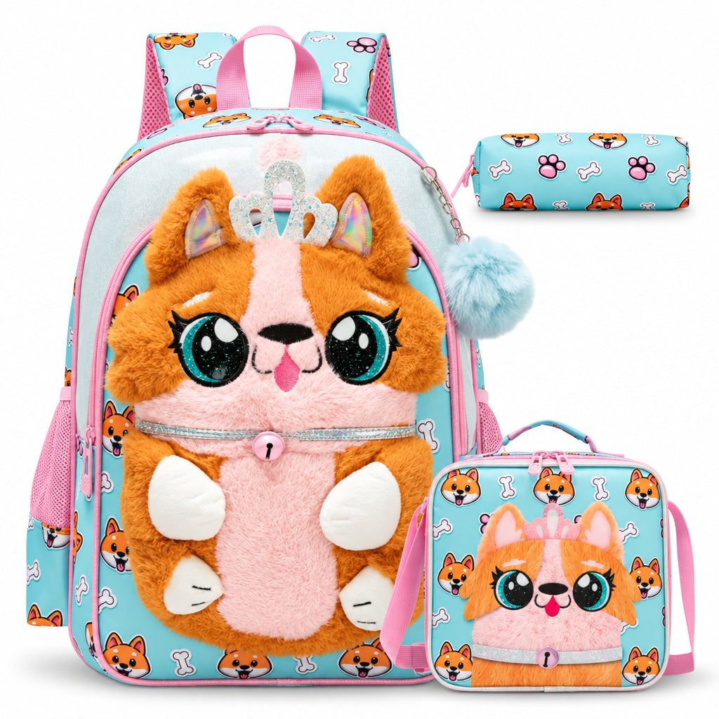3-Piece 3D Cute Corgi Dog Plush School Bag Set / Backpack + Lunch Bag + Pencil Case