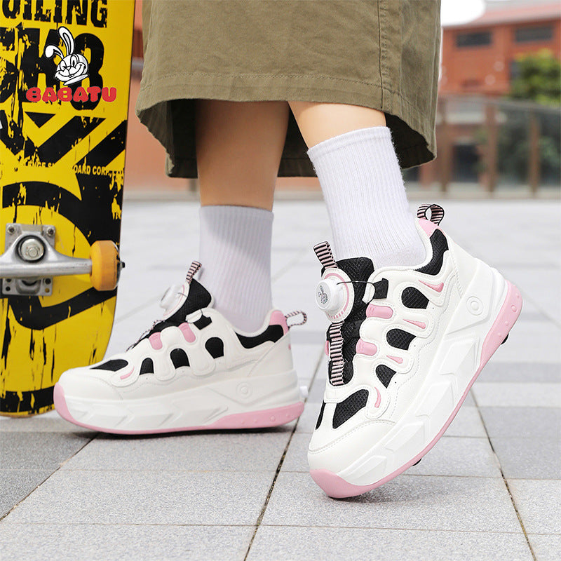 2-in-1 Kids Quad Roller Skate Shoes with Rotary Dial Buckle - Beige