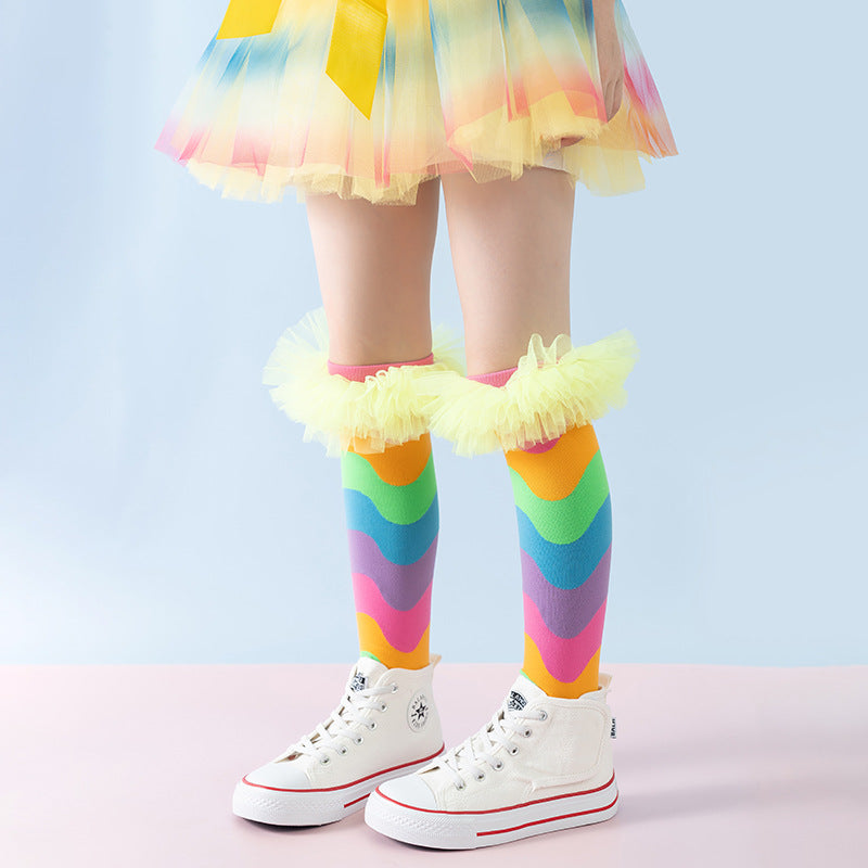 Girls' Vibrant Rainbow Wavy Stripe Knee-High Crazy Socks