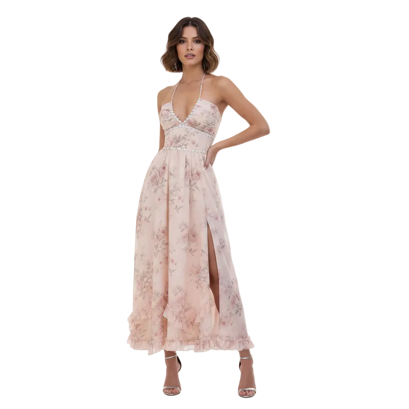 Roseate Gem Sexy Backless Maxi Dress