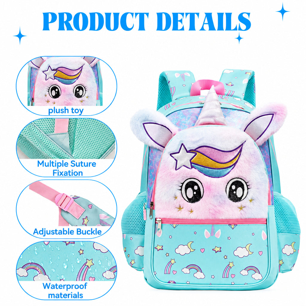 Girl's Fluffy Mint Green Unicorn School Backpack