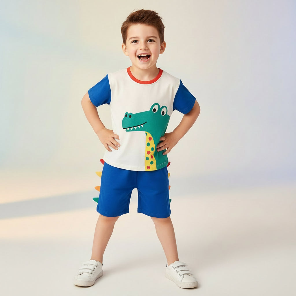 Cute Dinosaur Applique Toddler Summer Outfit Set