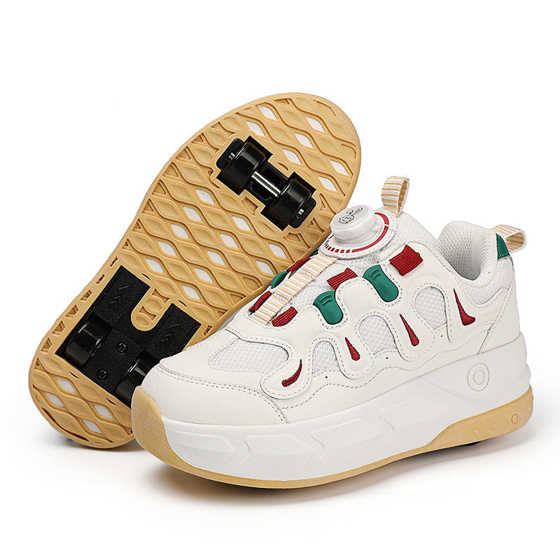2-in-1 Kids Quad Roller Skate Shoes with Rotary Dial Buckle - Beige