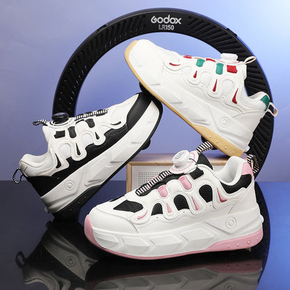 2-in-1 Kids Quad Roller Skate Shoes with Rotary Dial Buckle - Beige