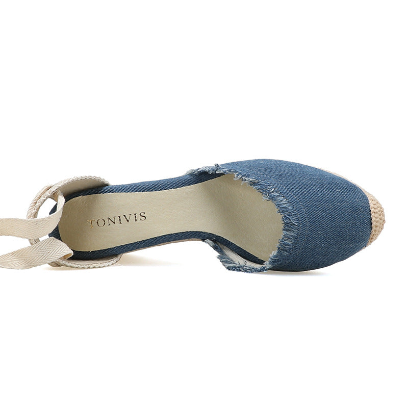 TONIVIS Women's Linen Espadrille 7cm High Wedge Sandals