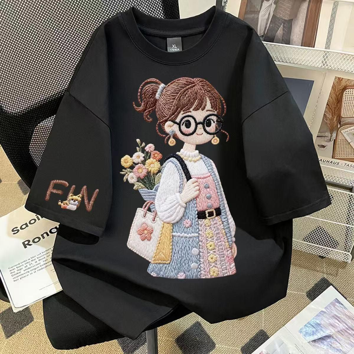 Women's Korean Style Embroidered Fun Oversized T-Shirt