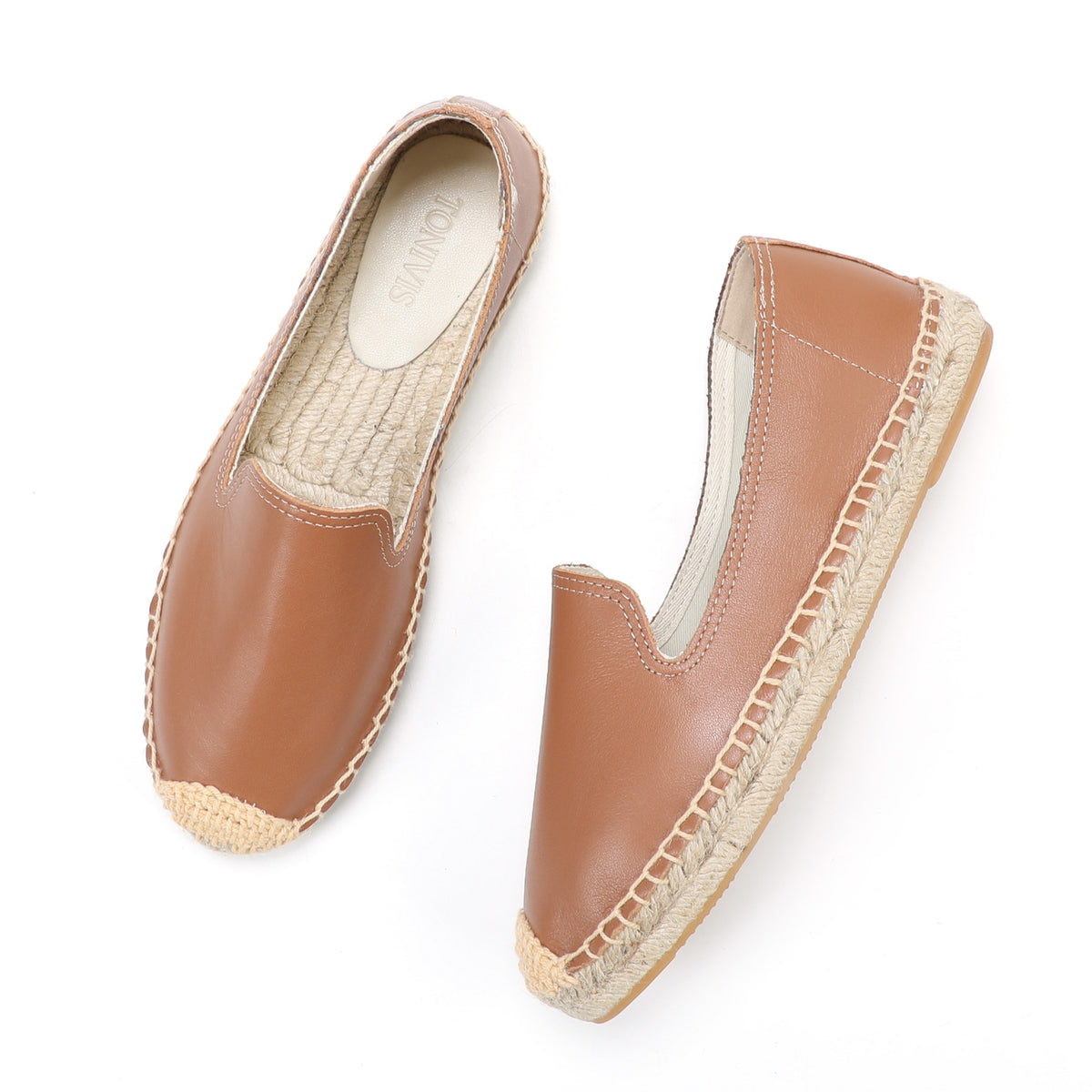 TONIVIS Women's Slip-On Cowhide Leather Espadrille Flats