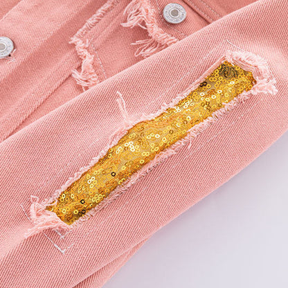 Girl's Bright and Fun Pink Distressed Denim Jacket