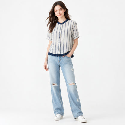 Women's Ruffle Hem Casual Striped Short Sleeve Blouse