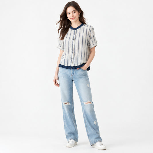 Women's Ruffle Hem Casual Striped Short Sleeve Blouse
