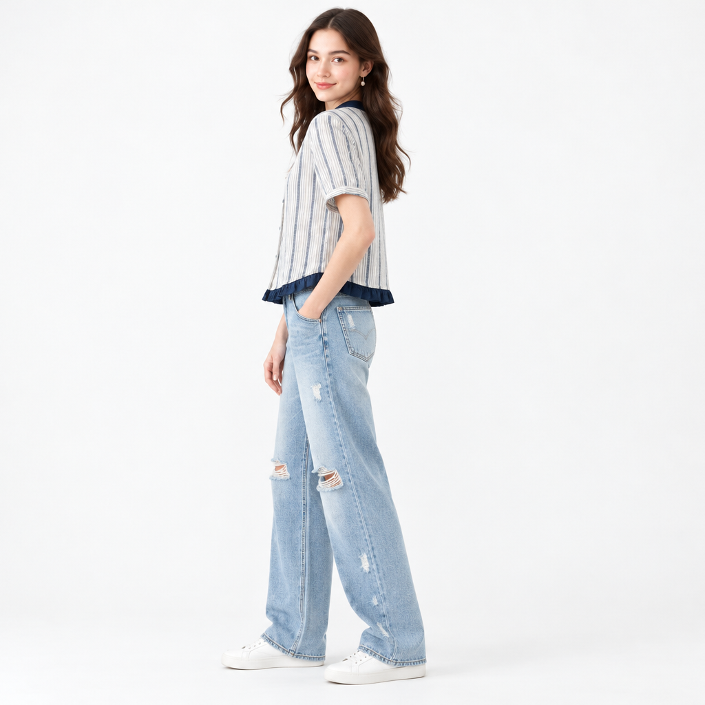 Women's Ruffle Hem Casual Striped Short Sleeve Blouse
