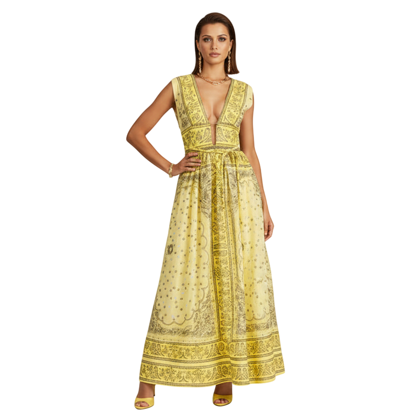 Eri Retro Plunging Neckline Sleeveless Dress