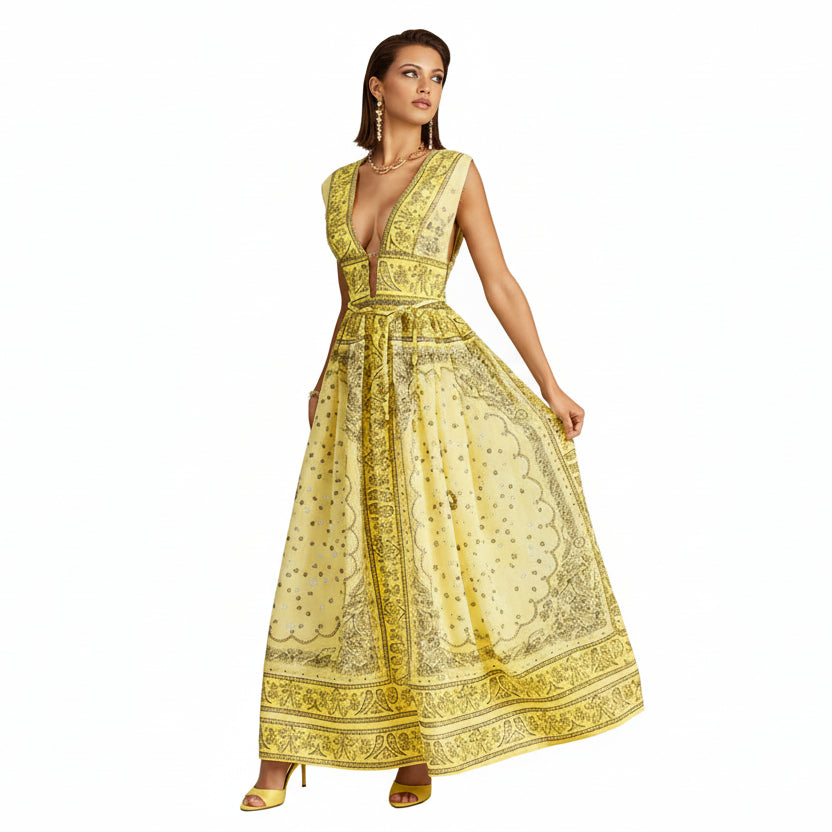 Eri Retro Plunging Neckline Sleeveless Dress