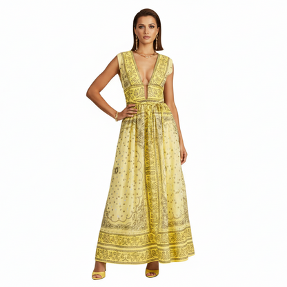 Eri Retro Plunging Neckline Sleeveless Dress