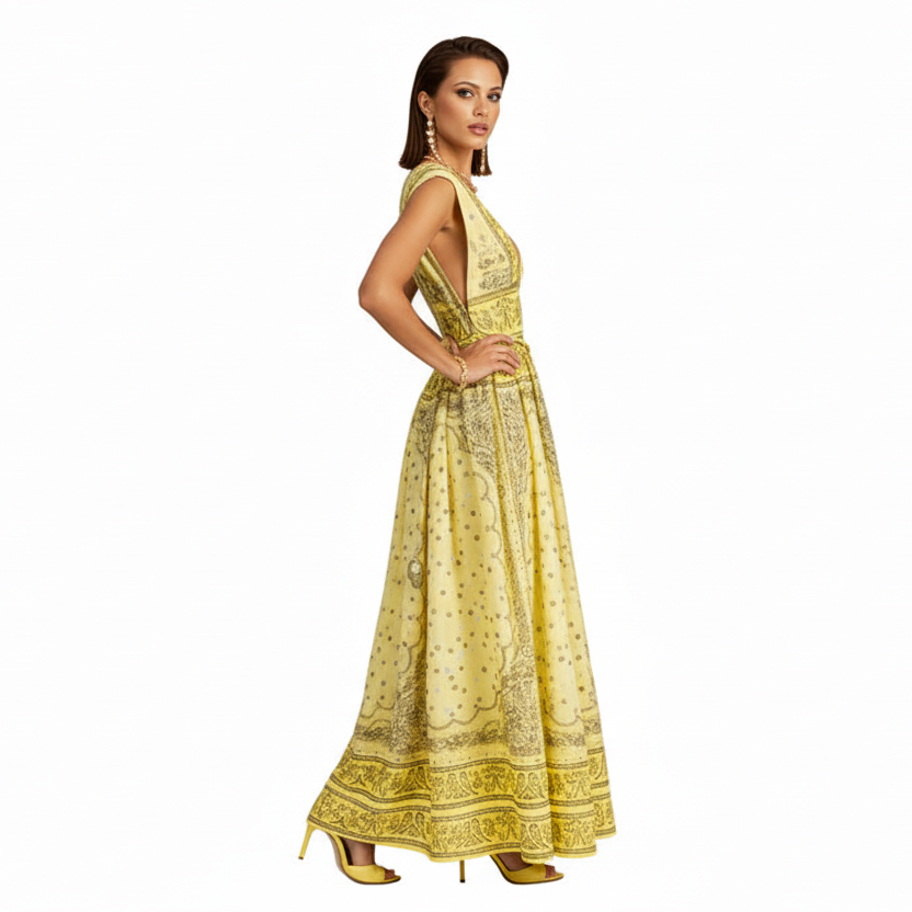 Eri Retro Plunging Neckline Sleeveless Dress