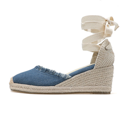 TONIVIS Women's Linen Espadrille 7cm High Wedge Sandals