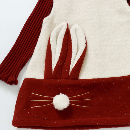 Girls Red Ribbed Turtleneck & Bunny Fleece Dress 2-Piece Outfit Set