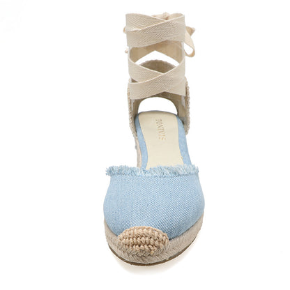 TONIVIS Women's Linen Espadrille 7cm High Wedge Sandals