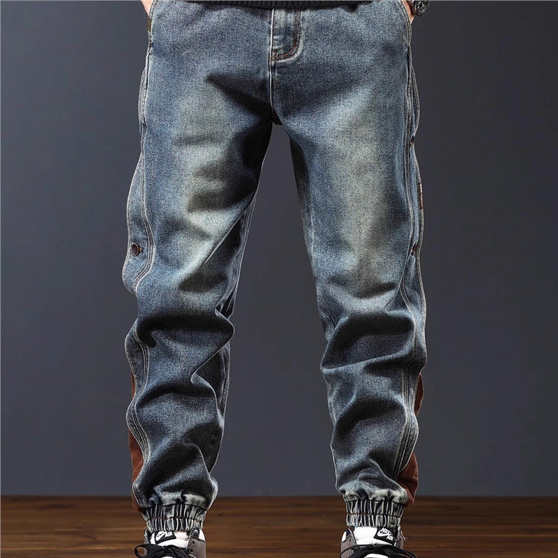 Men's Retro Denim Joggers with Corduroy Trim