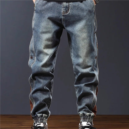 Men's Retro Denim Joggers with Corduroy Trim