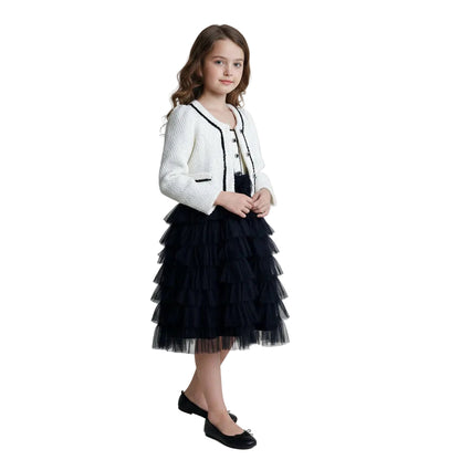 Girls Woolen Splicing Mesh Suspender Tutu Dress with Jacket