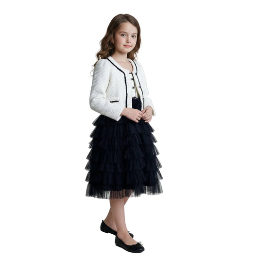 Girls Woolen Splicing Mesh Suspender Tutu Dress with Jacket