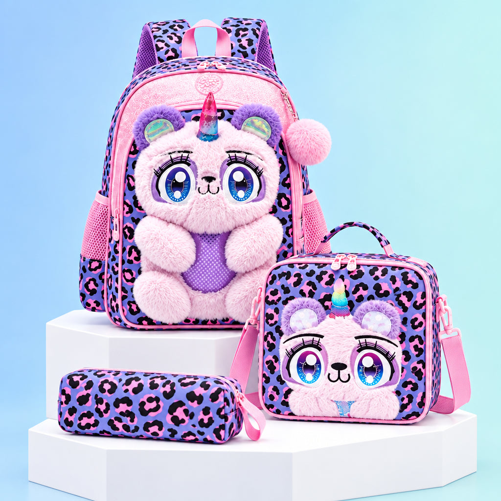 3D Plush Unicorn Bear School Bag Set - Backpack + Lunch Bag + Pencil Case