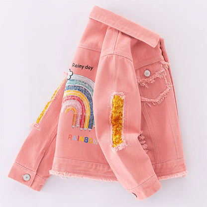Girl's Bright and Fun Pink Distressed Denim Jacket