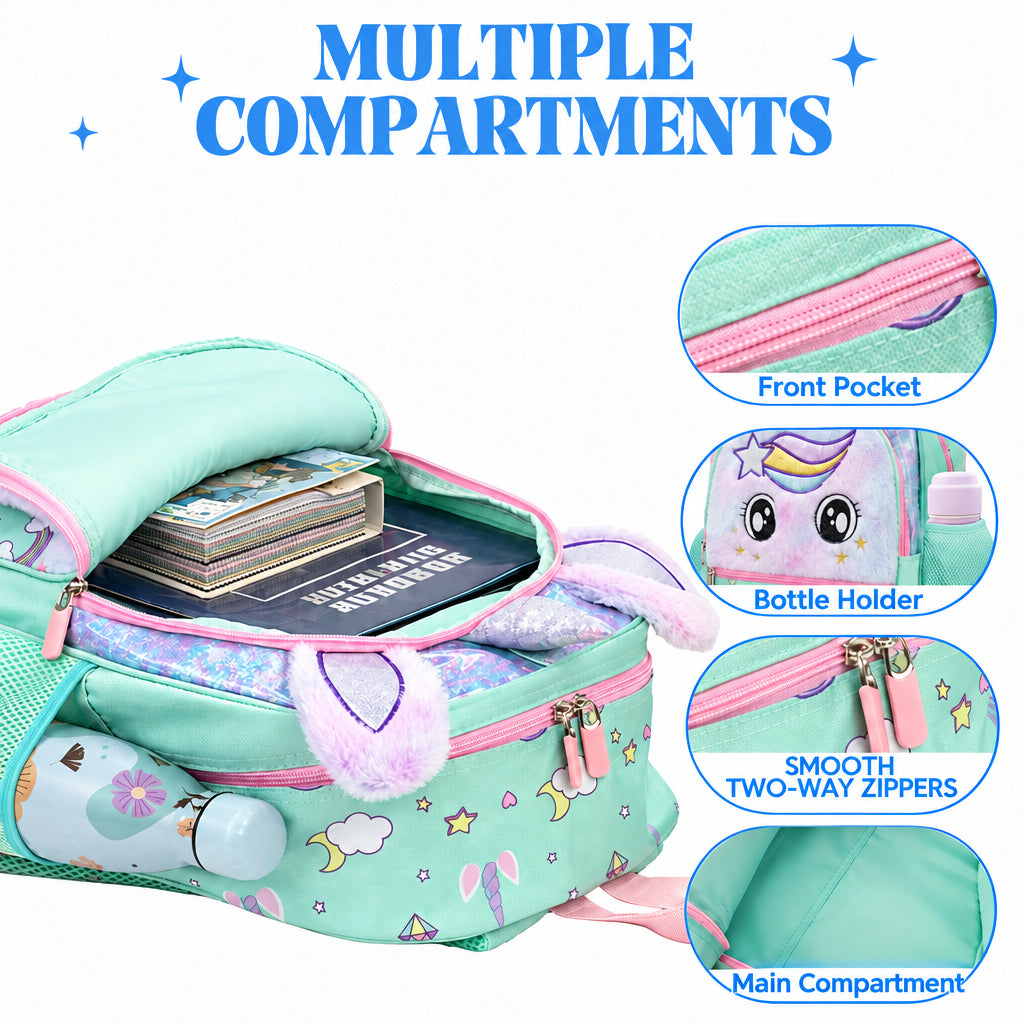 Girl's Fluffy Mint Green Unicorn School Backpack