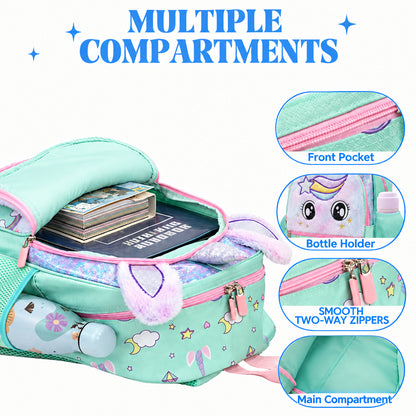 Girl's Fluffy Mint Green Unicorn School Backpack