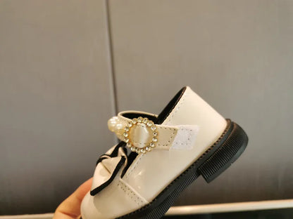 Toddler Girls Leather Casual Shoes with Pearl Beading and Bowknot