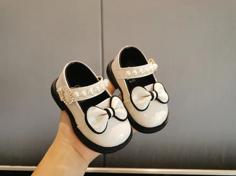Toddler Girls Leather Casual Shoes with Pearl Beading and Bowknot
