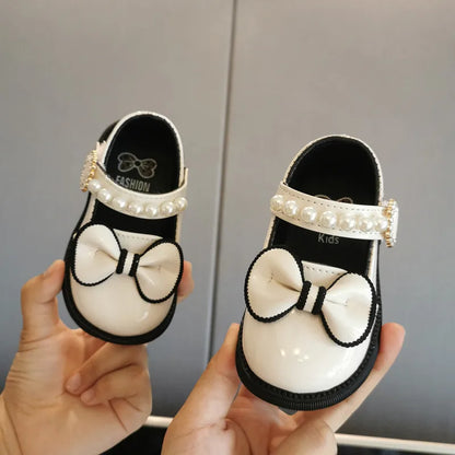 Toddler Girls Leather Casual Shoes with Pearl Beading and Bowknot