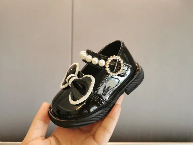 Toddler Girls Leather Casual Shoes with Pearl Beading and Bowknot