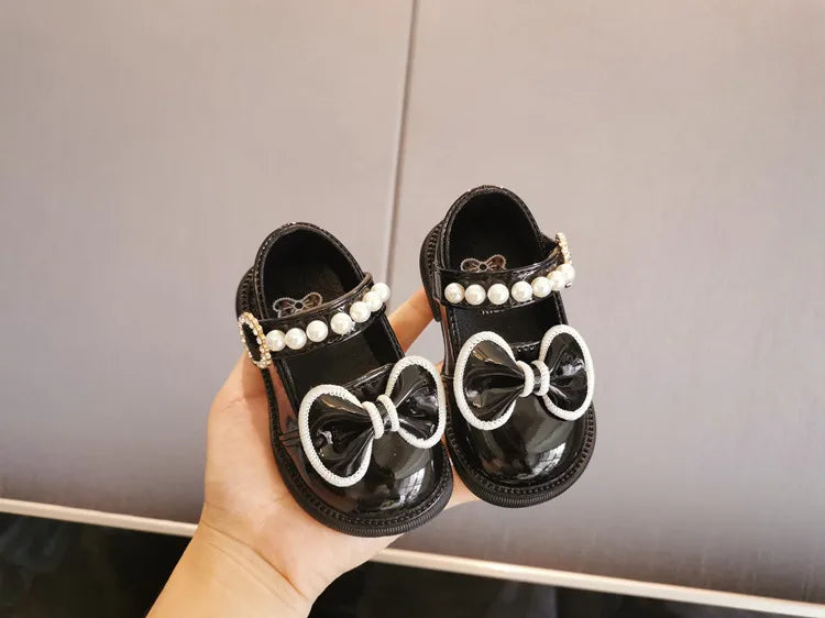 Toddler Girls Leather Casual Shoes with Pearl Beading and Bowknot