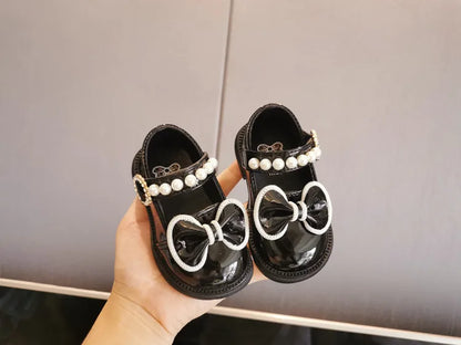 Toddler Girls Leather Casual Shoes with Pearl Beading and Bowknot