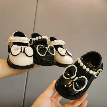 Toddler Girls Leather Casual Shoes with Pearl Beading and Bowknot