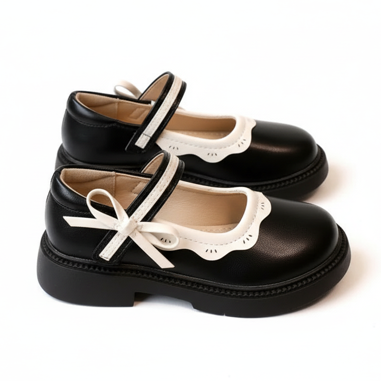 Girls Mary Janes Elegant Patchwork Leather Shoes with Bow