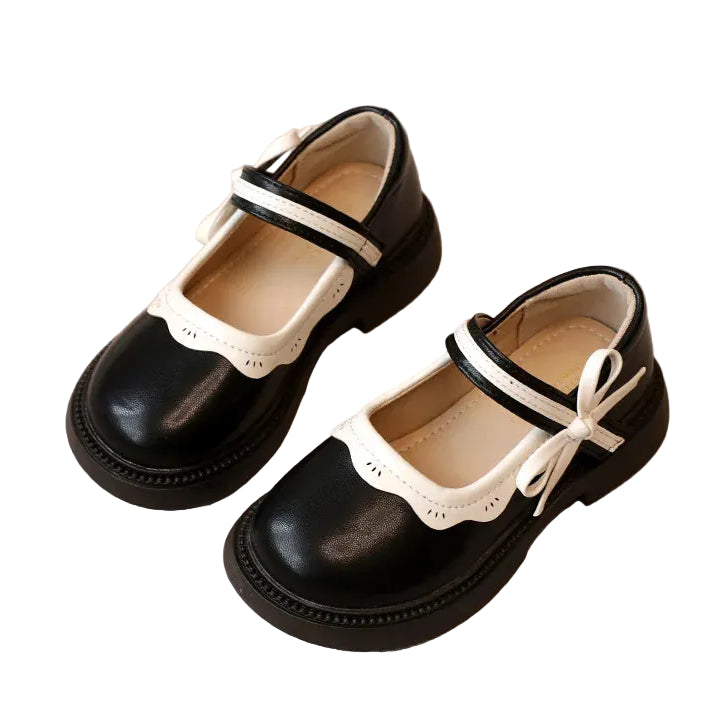 Girls Mary Janes Elegant Patchwork Leather Shoes with Bow