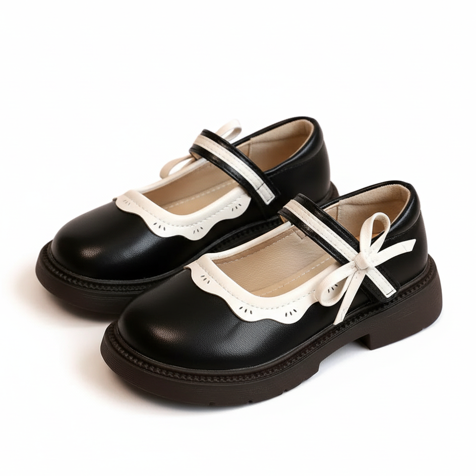 Girls Mary Janes Elegant Patchwork Leather Shoes with Bow