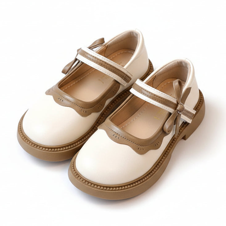 Girls Mary Janes Elegant Patchwork Leather Shoes with Bow